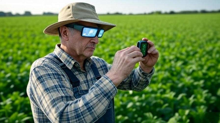 Farmer using AR glasses to monitor crop health with digital plant visuals in field