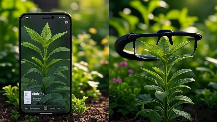 Comparison of mobile app and wearable AR device for plant identification in garden.