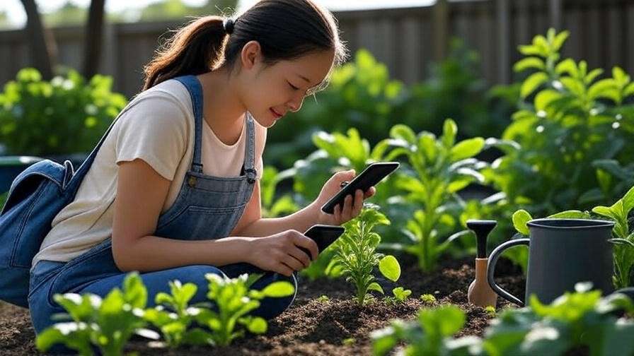 Beginner gardener setting up AR app on smartphone in small garden plot.