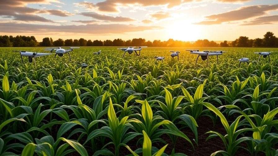Futuristic farm with drones and AR tech monitoring crops at sunset