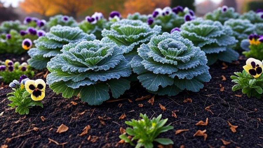 Frost-covered ornamental kale and pansies protected by row covers in a fall garden.
