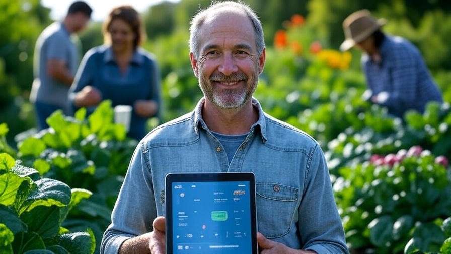 Community garden event with farmers sharing AR app insights on tablet.