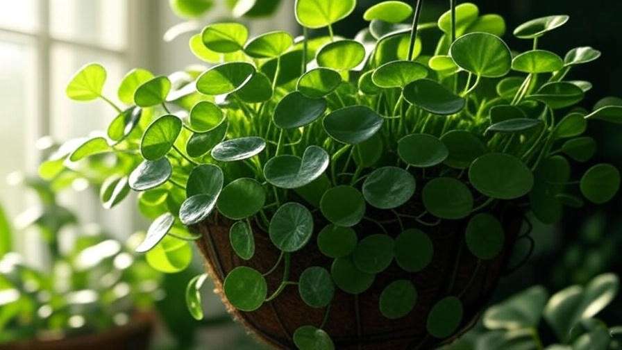 Close-up of string of turtles plant with coin-shaped leaves in hanging basket near window