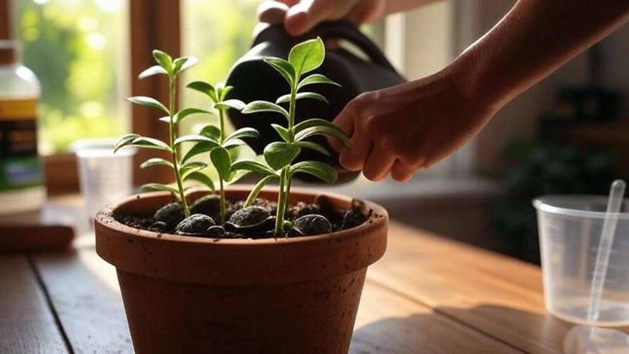 Hand watering string of turtles plant in terracotta pot with fertilizer nearby.