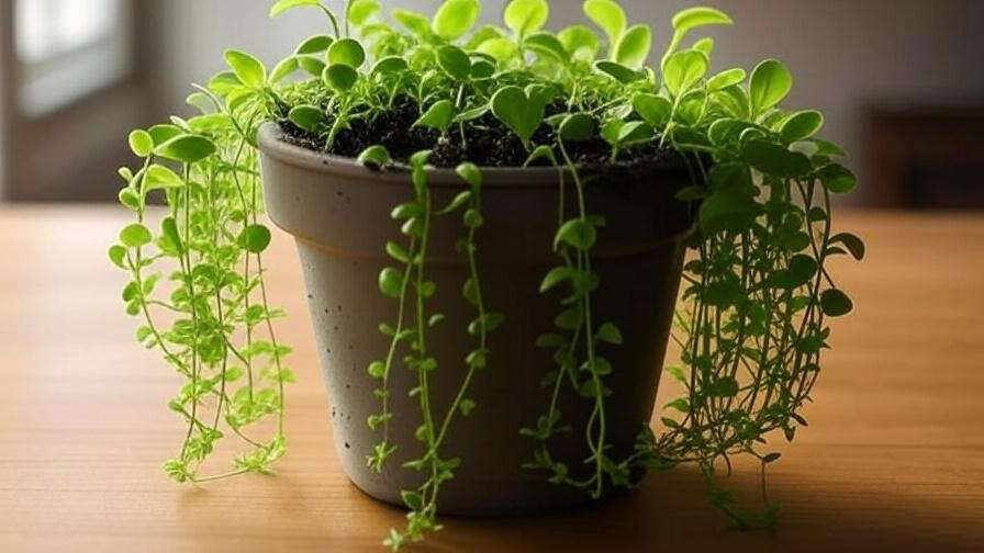 Propagating string of turtles plant with stem cuttings in small pot under indirect light.