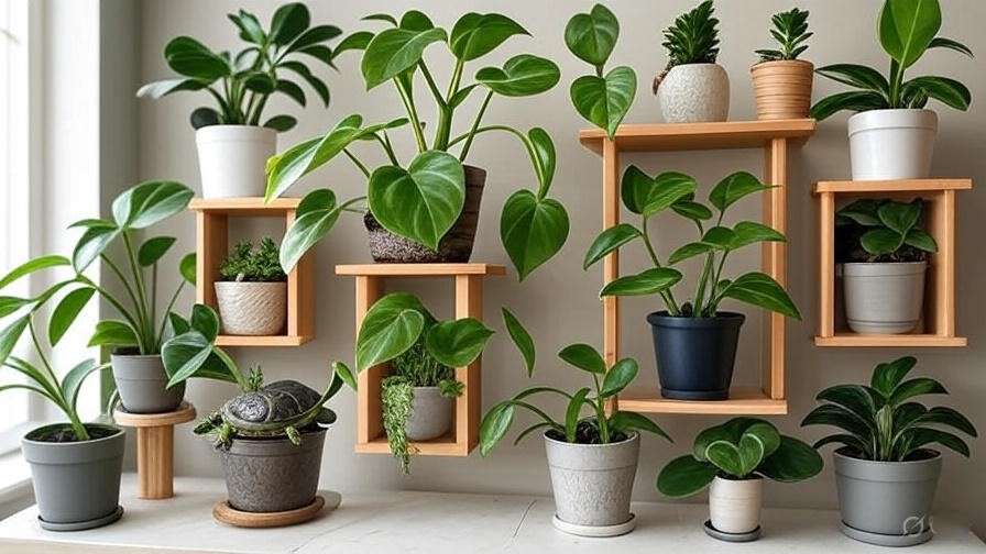 Diverse houseplants with string of turtles on shelf in well-lit living room.