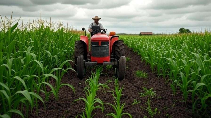  A detailed depiction of a conventional agriculture field with a farmer operating a tractor, showing rows of monocropped plants, tilled soil, and a distant horizon under a cloudy sky.