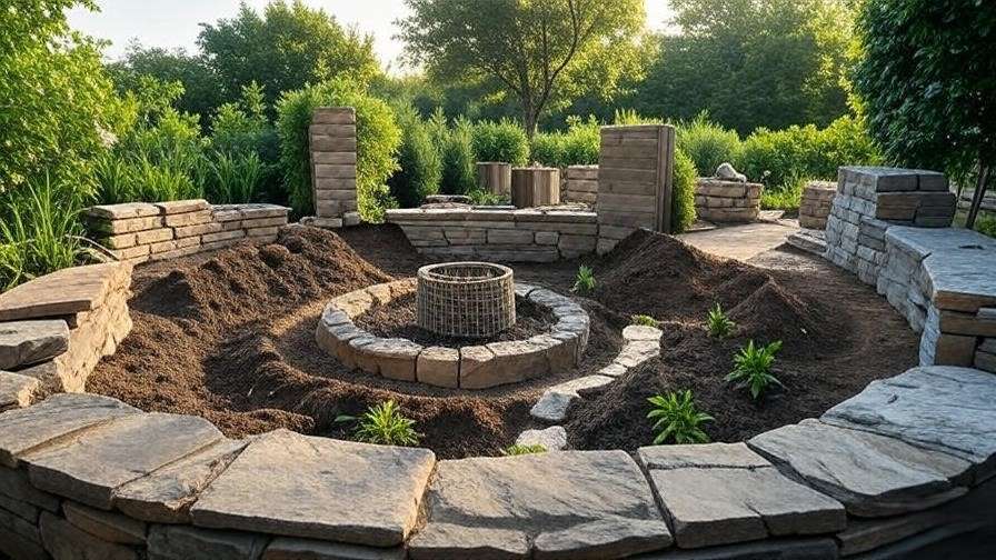 Keyhole garden construction with central compost basket and layered soil, surrounded by greenery