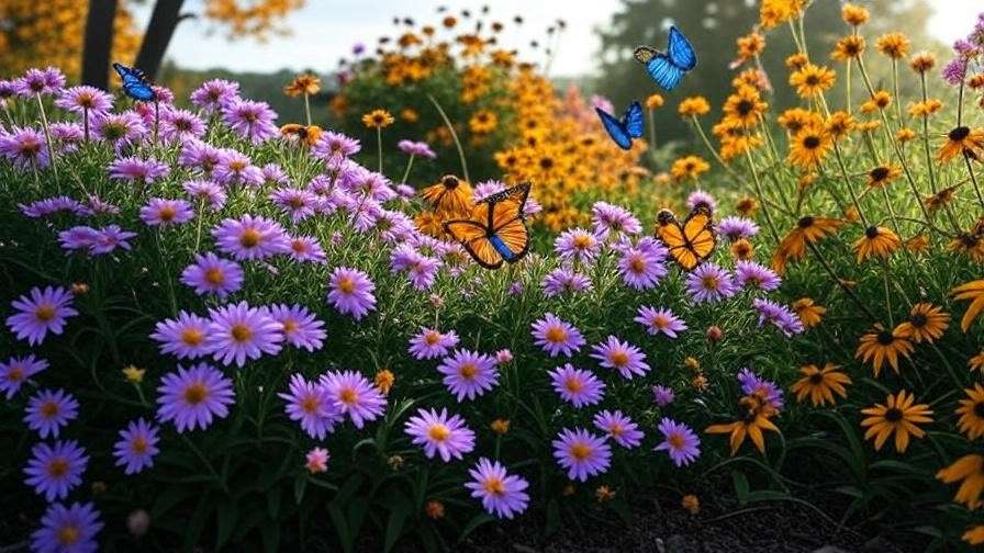 Mixed fall garden with asters and black-eyed Susans attracting butterflies