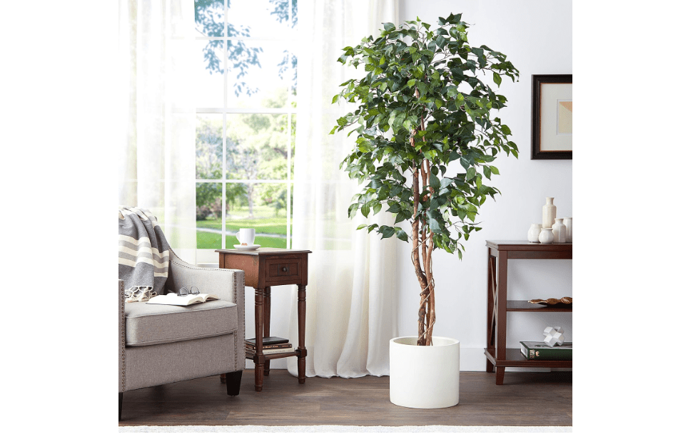 Nearly Natural 6ft Triple Trunk Artificial Ficus Tree with Natural Wood Trunks, Fake Tree for Indoor Home Décor, Faux Ficus Tree with Black Nursery Pot 