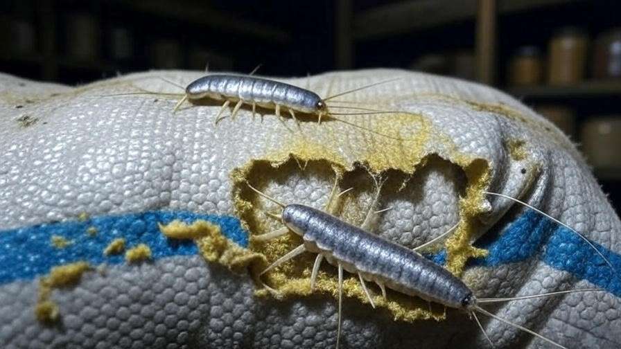 Close-up of silverfish on damaged grain sack in damp farm storage, highlighting pest control needs