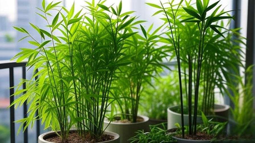 Close-up of bamboo varieties growing in pots on an urban balcony, highlighting space-saving benefits.