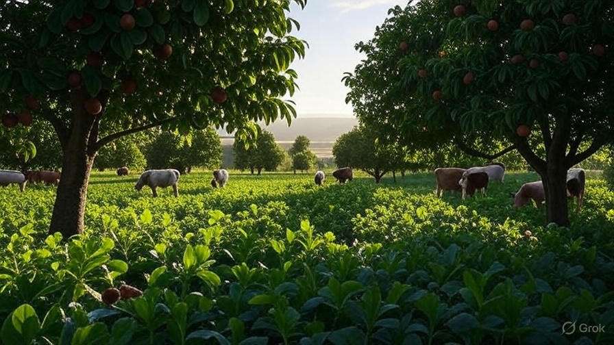 Agroforestry layout with fruit trees and grazing livestock in Mark Shepard permaculture system.