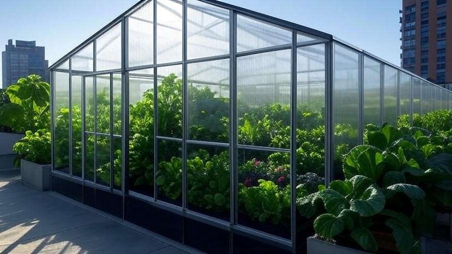 Modern rooftop greenhouse with lush plants and transparent walls on urban rooftop