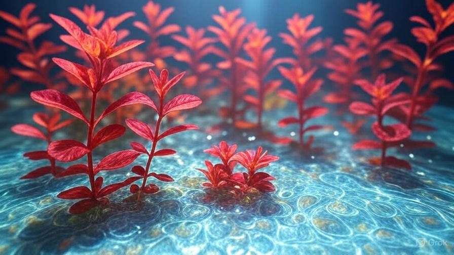 Close-up of vibrant Ludwigia Repens red aquarium plants under LED lighting