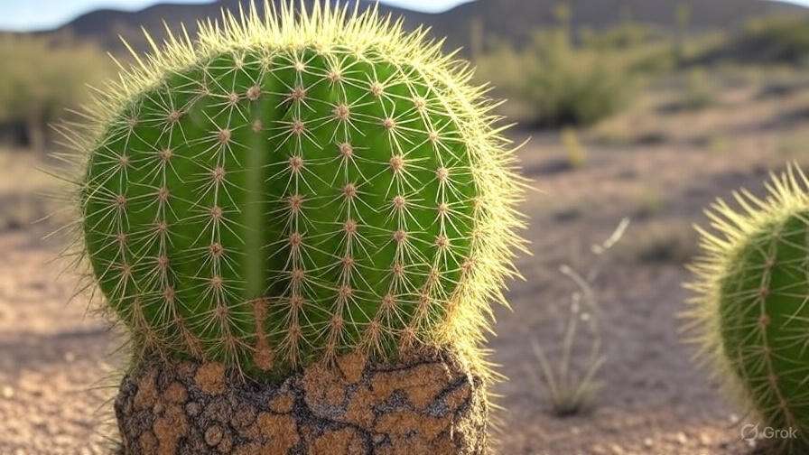 Close-up of a healthy desert cactus with nutrient-rich soil in a sunlit arid landscape