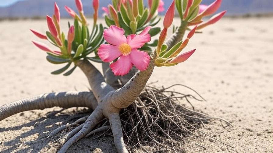 Close-up of blooming desert rose plant in arid sandy soil highlighting unique succulent features and vibrant flowers.