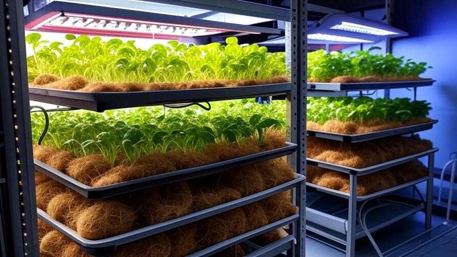 Vertical farming system with peanut plants in coco coir substrates under LED grow lights