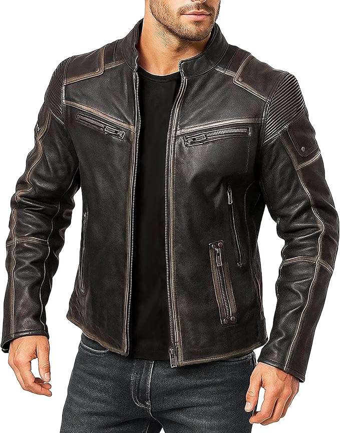 Prime-Fashion Mens Vintage Motorcycle Distressed Retro Biker Leather Jacket
