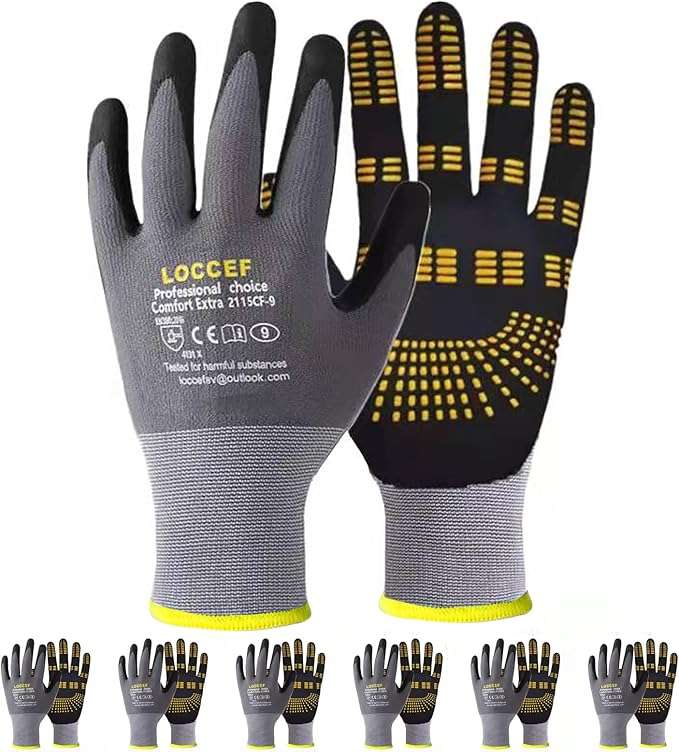 Safety Work Gloves MicroFoam Nitrile Coated-6 Pairs,Endurance Seamless Knit Nylon,Dots on palm,Tacky Dot Grip Gloves
