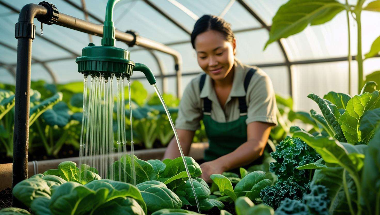Organic greenhouse with drip irrigation and thriving spinach plants.