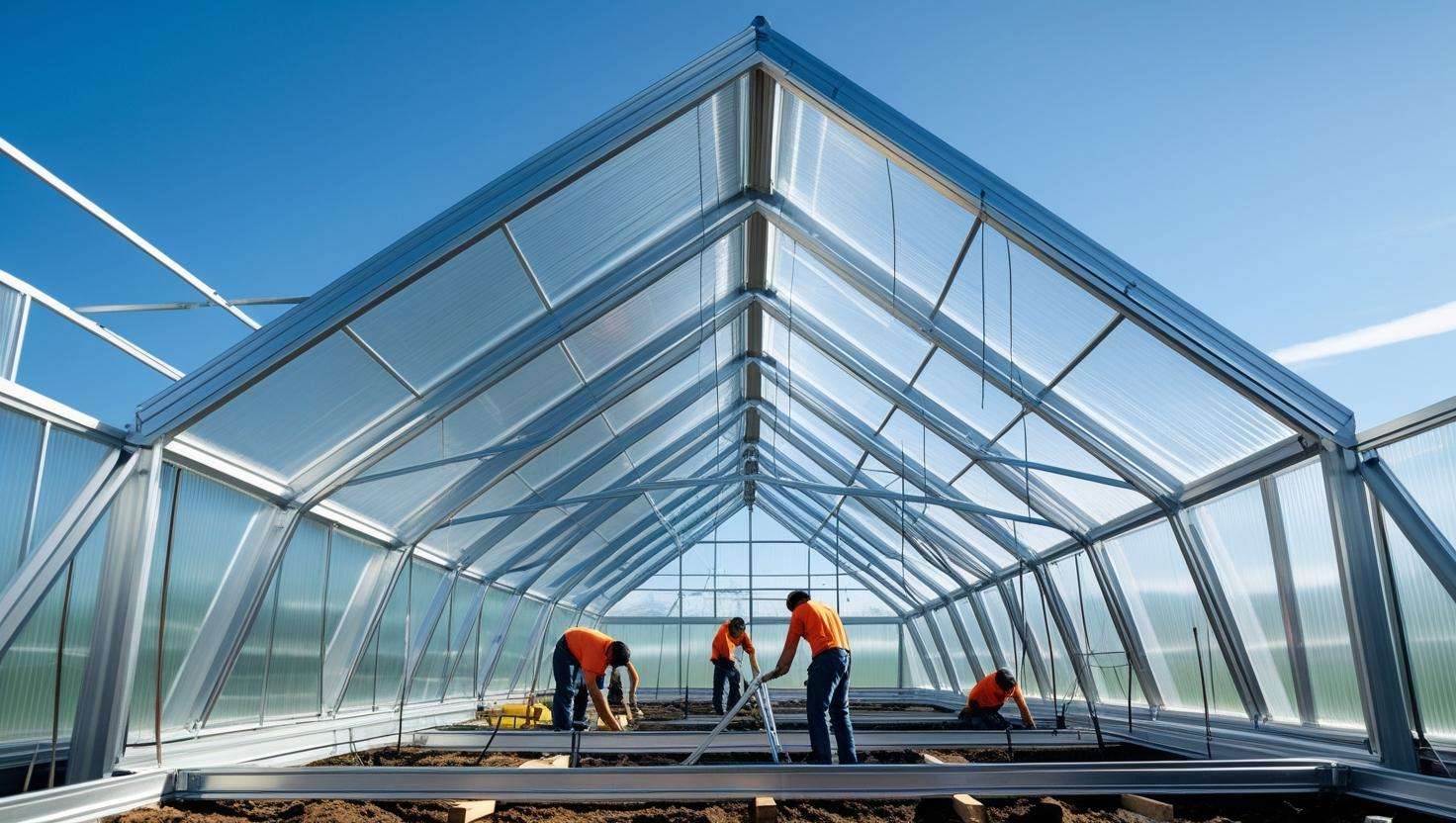 Construction of tri-penta greenhouse frame with workers assembling polycarbonate panels