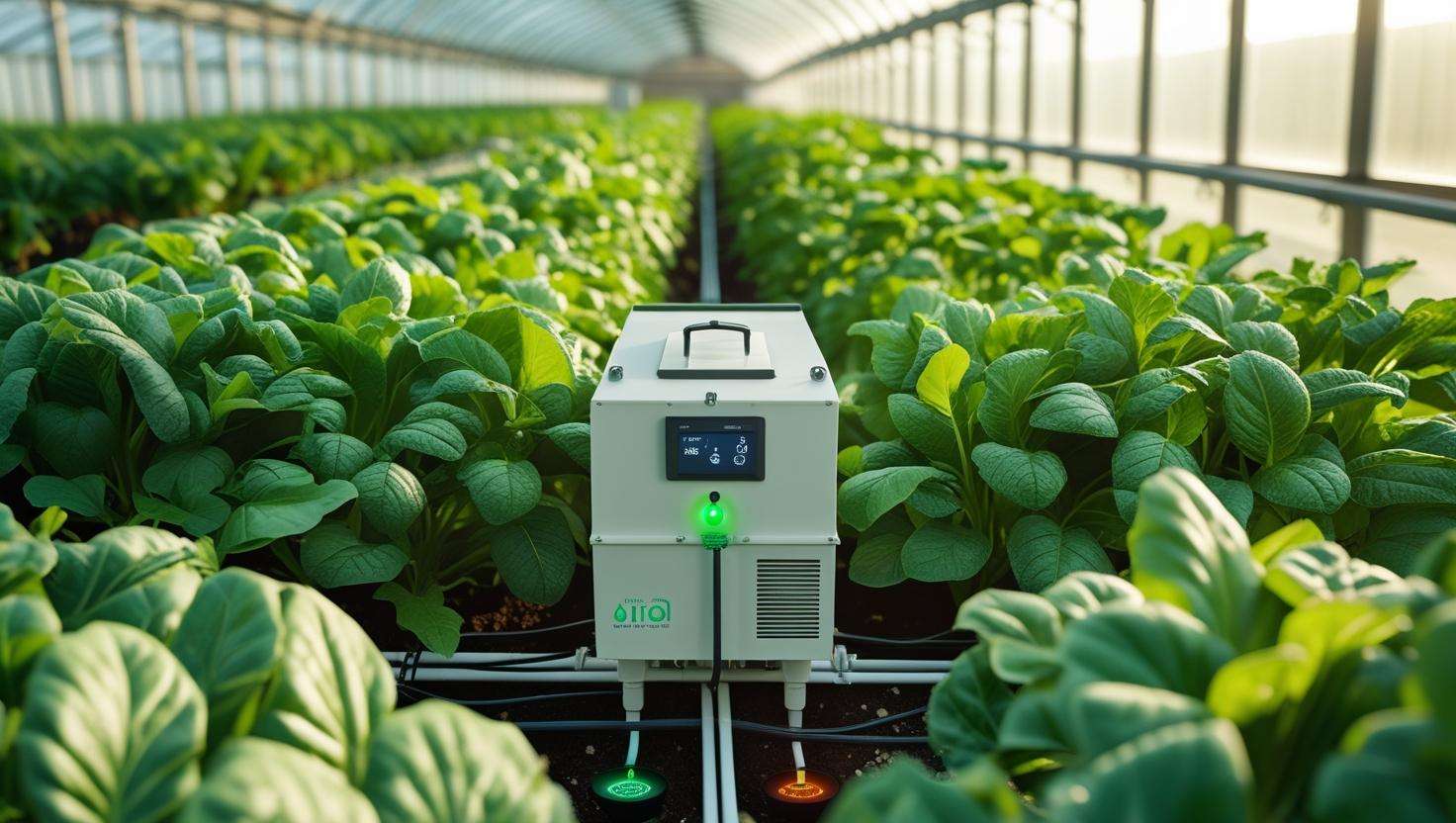 Sensor-based irrigation control unit with leafy greens in a greenhouse.