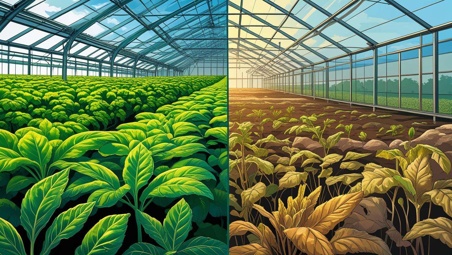 Comparison of thriving crops in tri-penta greenhouse vs struggling crops in traditional greenhouse.