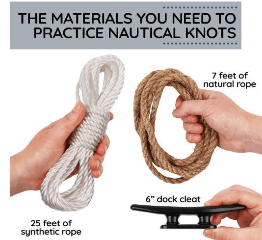 Deluxe Nautical Knot Tying Kit - 6" Boat Cleat, Jute and Poly Ropes, and Waterproof Nautical Guide to 21 Sailing and Boating Knots