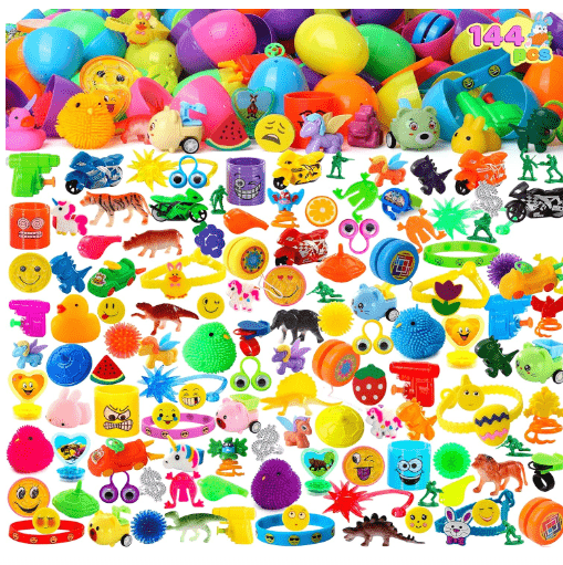 JOYIN 144 Pcs Prefilled Easter Eggs with Toys Plus Stickers Inside, Stuffed Toys for Easter Eggs Hunt, Basket Stuffers/Fillers, Party Favor, Classroom Prize Supplies