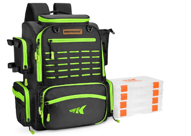 KastKing Bait Boss Fishing Tackle Backpack with Rod Holders-4 Tackle Boxes-Rain Cover,45/43L Large Storage for Fishing Gear
