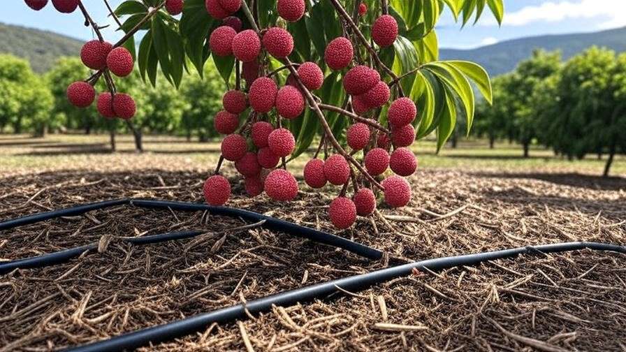 Lychee tree branch with drip irrigation and mulch in an orchard