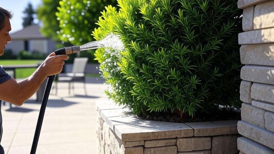 Person cleaning artificial outdoor shrubs with a hose for low-maintenance care.