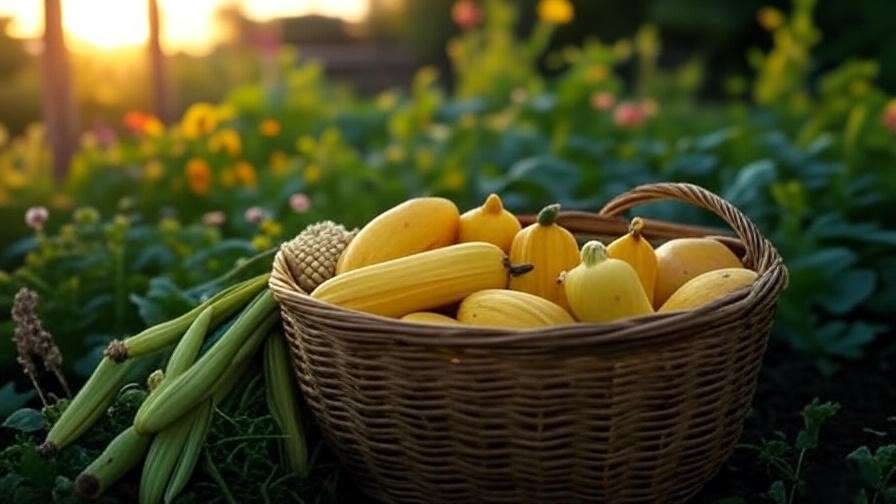 Basket of harvested yellow fruits and vegetables in a thriving garden.