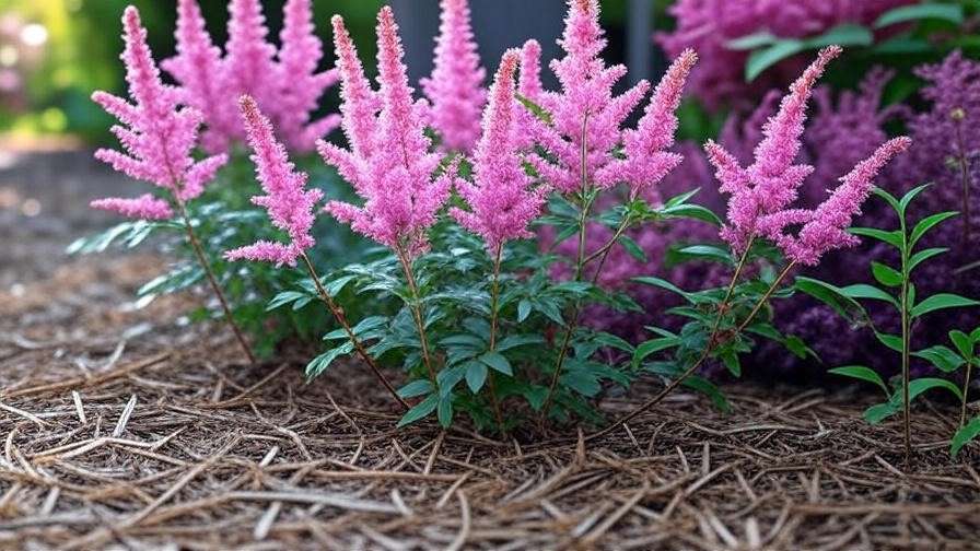 Close-up of astilbe and coral bells in a mulched shade garden bed.