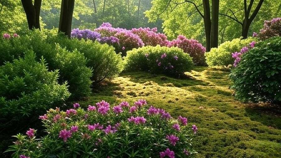 Lush shade-tolerant shrubs with pink and purple blooms in a serene woodland garden