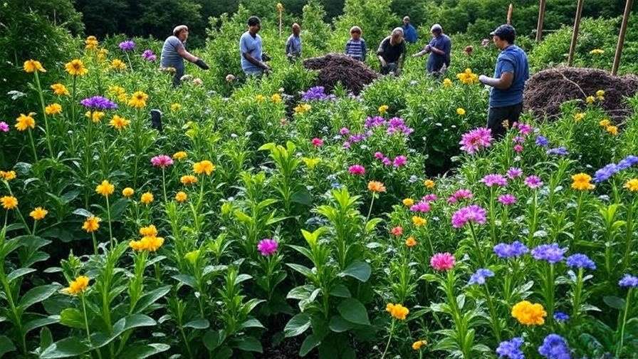 A thriving permaculture garden with diverse plants, a compost pile, and a group of people working together, surrounded by lush greenery and colorful flowers.
