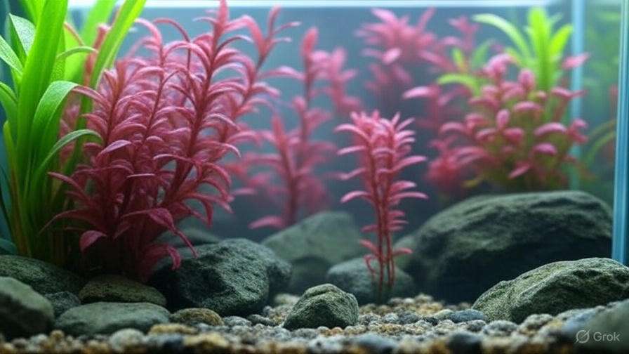 Midground Alternanthera Reineckii red aquarium plants with green Anubias in a balanced tank