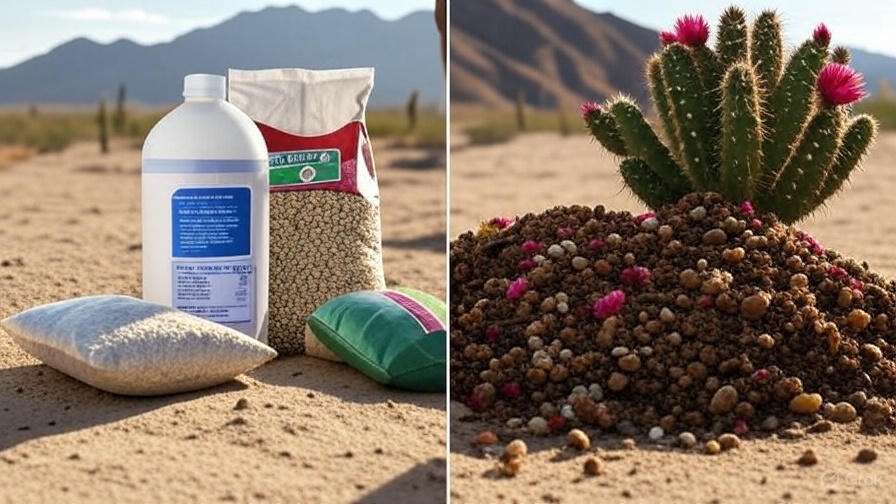  Comparison of liquid, granular, and organic cactus fertilizers next to a blooming cactus in a desert setting.