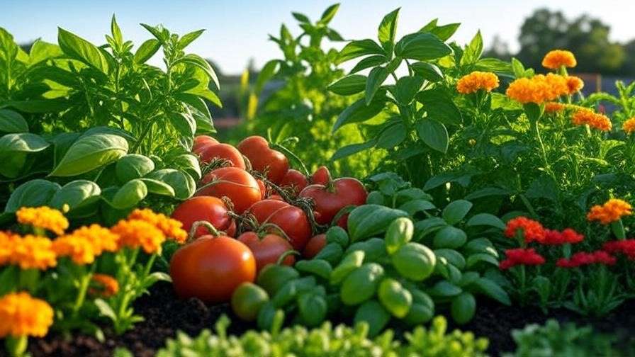 Veggie garden with companion planting of tomatoes and basil for permaculture