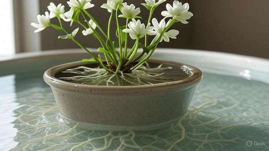 Step-by-step bottom watering of a bridal veil plant in a tray with water.
