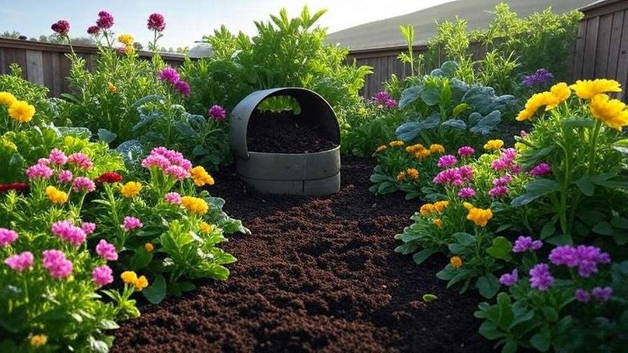 Thriving keyhole garden with diverse plants and central compost basket in natural daylight