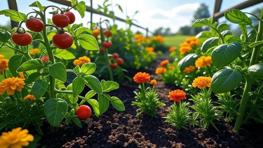 Companion planting with tomatoes, basil, and marigolds for natural pest control