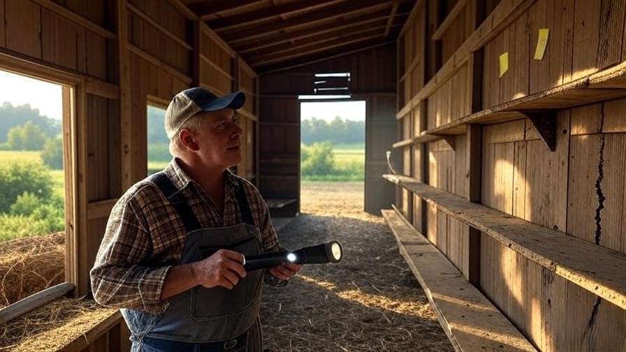 Farmer inspecting barn with sticky traps for silverfish infestation control