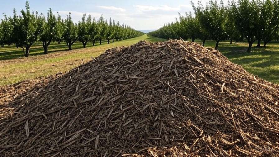 Pile of wood chips for bulk mulch in organic orchard farming.
