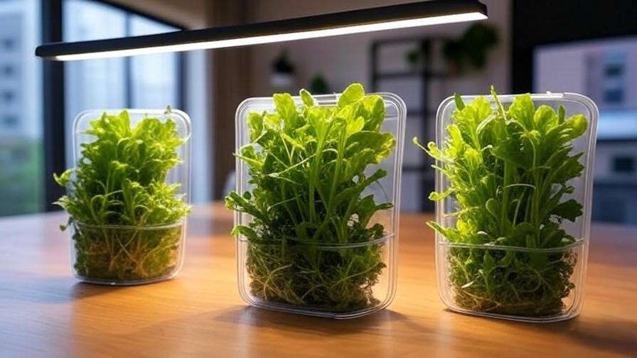 Comparison of AeroGarden, Click & Grow, and Gardyn micro salad growing kits on a wooden table