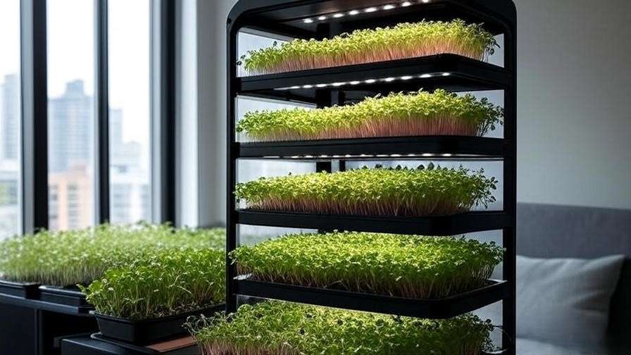 Modern vertical farming setup with stacked microgreen trays under LED lights, ideal for sustainable urban gardening.