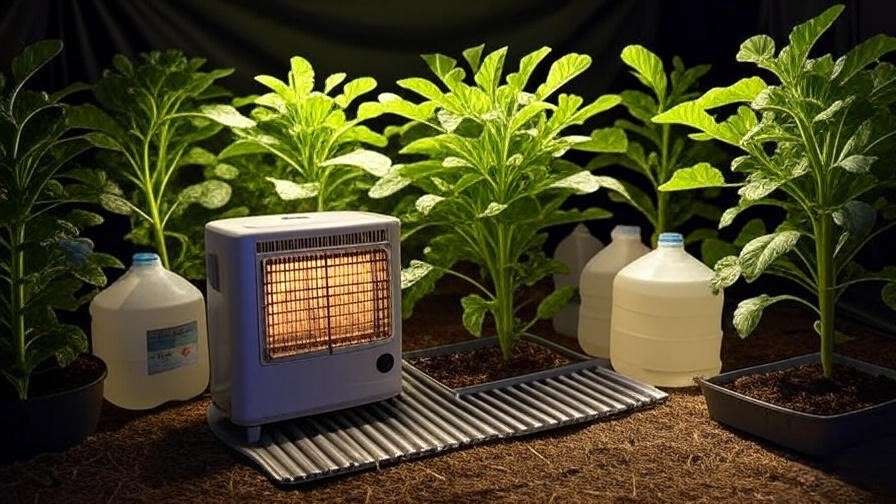 Ceramic heater and heat mat in a grow tent with water jugs for nighttime warmth