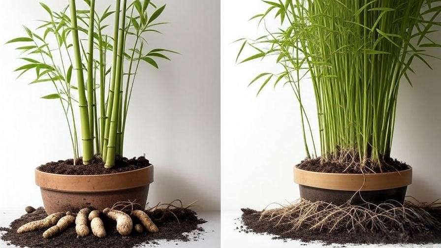 Illustrated comparison of clumping and running bamboo types in pots, showing root and growth differences.