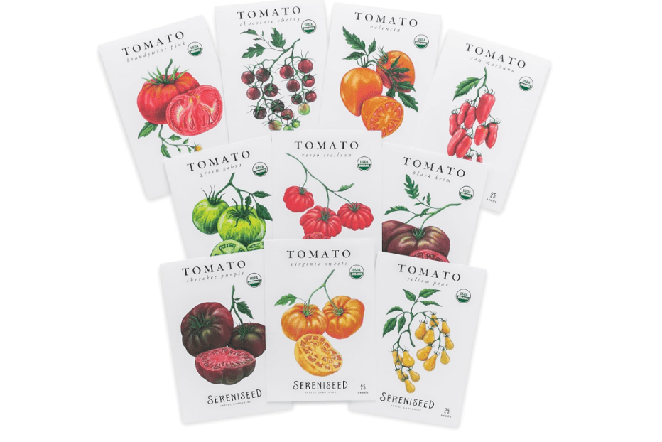Sereniseed Certified Organic Tomato Seeds (10-Pack) – Non GMO, Open Pollinated – Cherokee Purple, Chocolate Cherry, Green Zebra, Brandywine Pink, Black Krim 